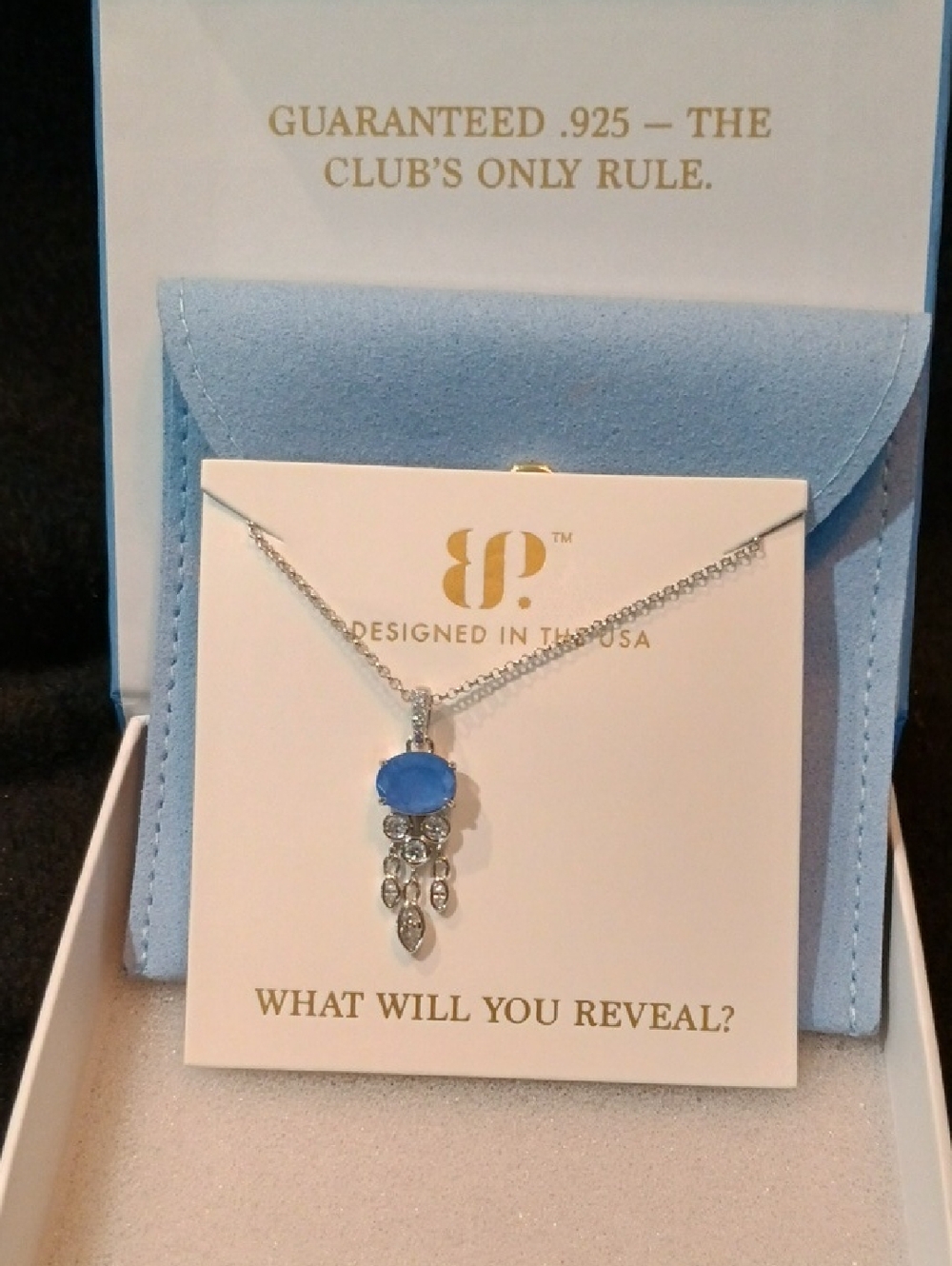 bp Silver Necklace with Blue Oval Stone and Dangle Drops .925 Sterling Silver